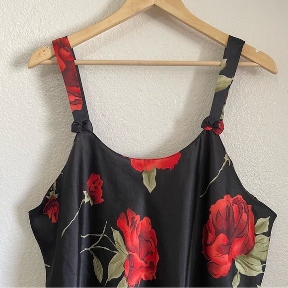 Vintage Satin Black & Red Stemmed Roses Floral Print Silky Slip Dress Just Love - Picture 2 of 9